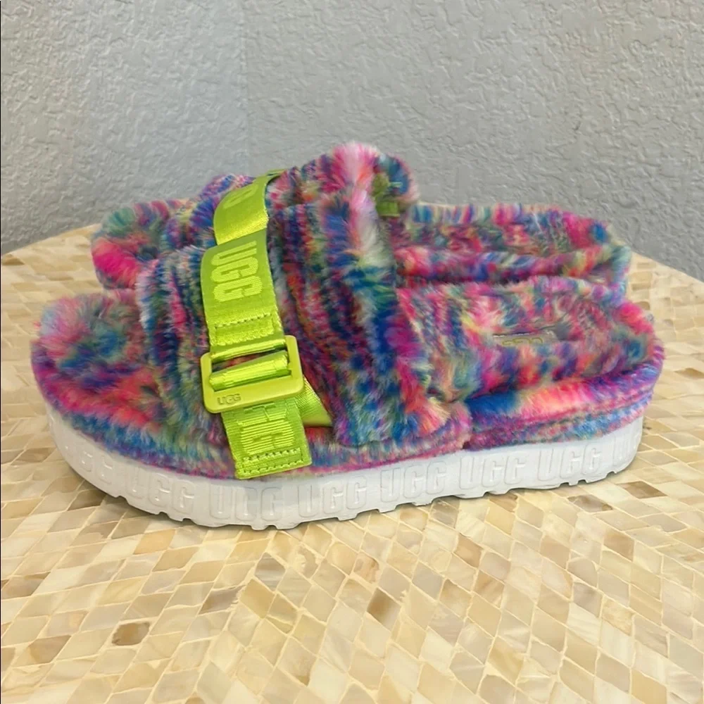 UGG Pink and Green Fuzzy Slippers